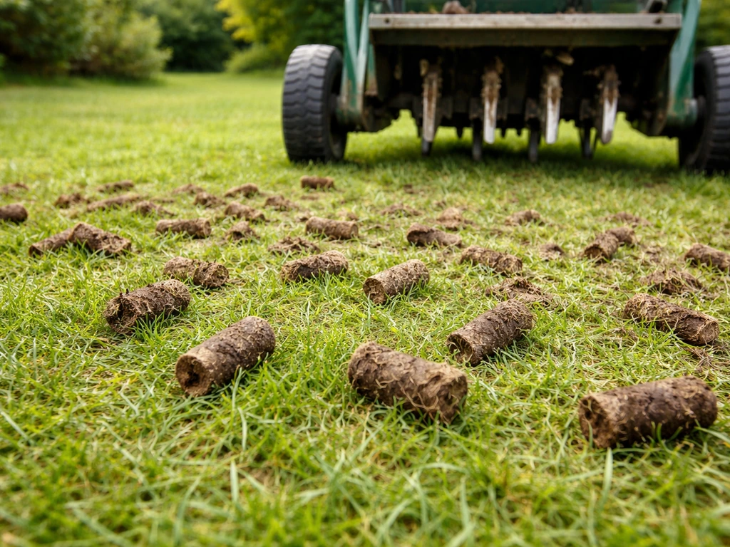Close-up van een gazonbeluchter die kleine gaatjes maakt en kernpluggen op een groen gazon achterlaat.
