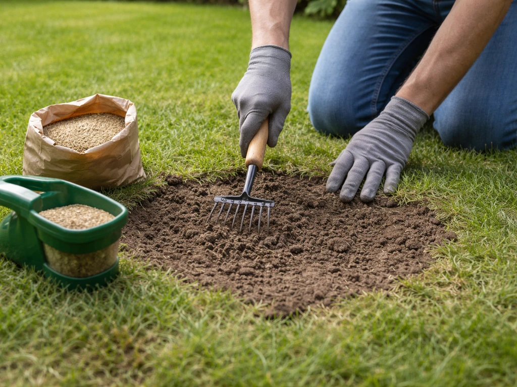 Tuinman maakt kale plek in gazon open en legt graszaad klaar op een eenvoudig woonerf