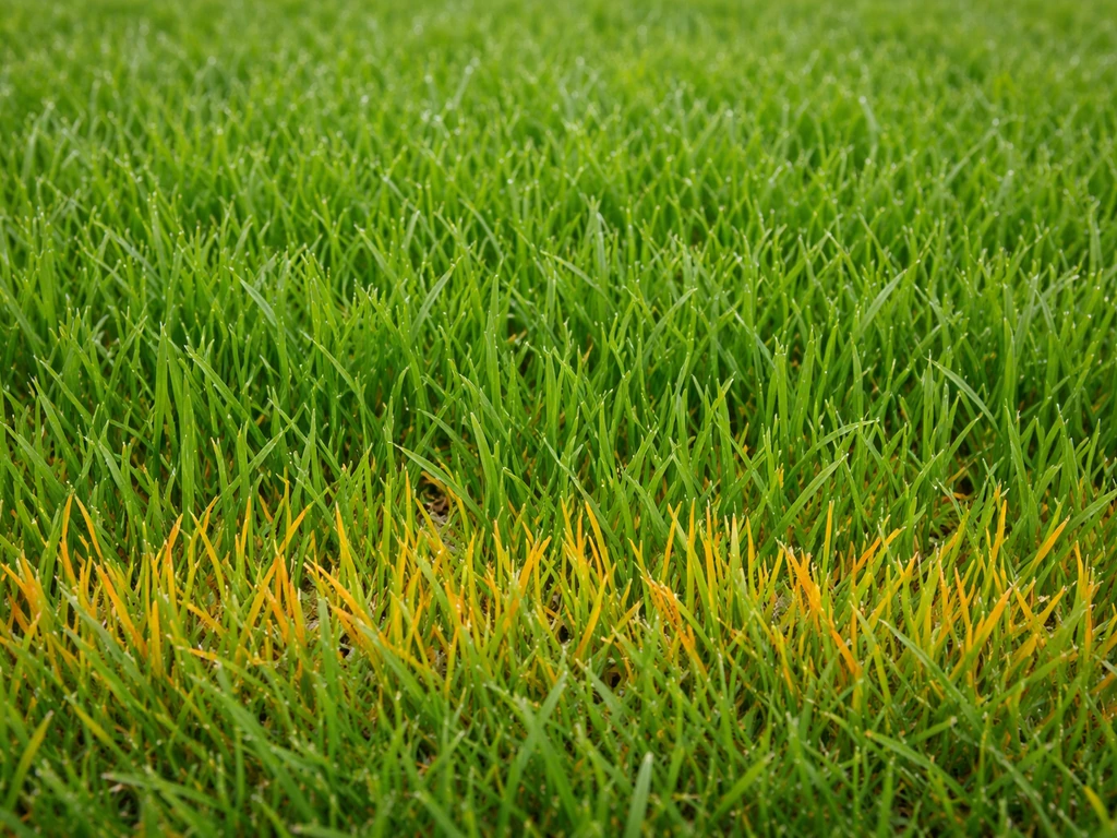 Bovenaanzicht van een Nederlands gazon waarbij alleen de bladbasis geel/oranje verkleurt met groene sprieten ertussen.