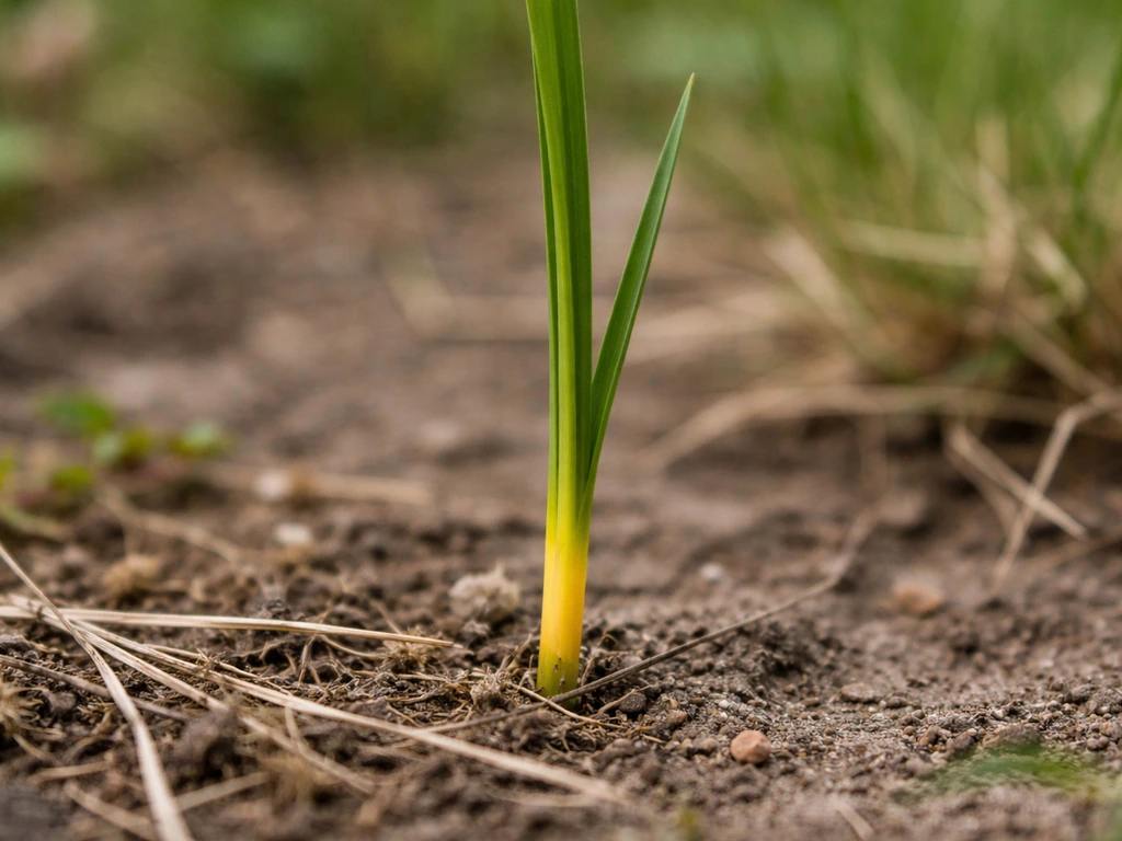 Close-up van een grassprietje: alleen de bladbasis geel, de rest groen, in een tuinbodem.