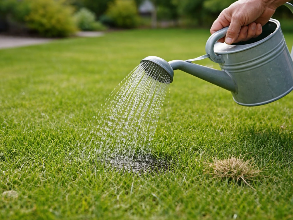 Gieter besproeit gras; waterdruppels vallen op de toplaag en geven het idee van oppervlakkig bewortelen.