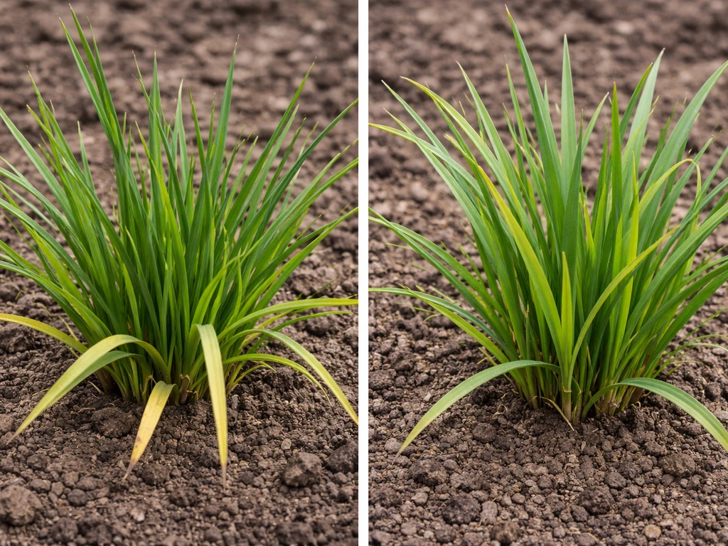 Close-ups van twee graspolletjes: links geelgroene basis, rechts nerve-achtige verkleuring tussen nerven.
