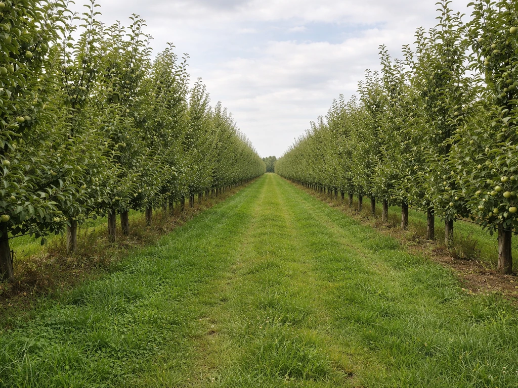 Panoramafoto van een Nederlandse boomgaard met boomgaardgras tussen rij fruitbomen