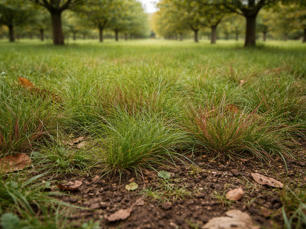 Close-up van gras tussen fruitbomen in een boomgaard, met duidelijke grasstructuur op de bodem.