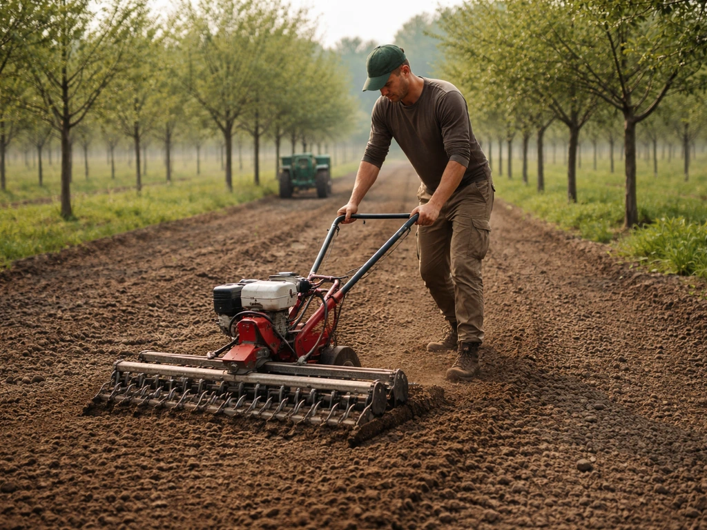 Werkmoment in een boomgaard: eggen op kale grond om een zaaibed van kruimelige aarde klaar te maken.
