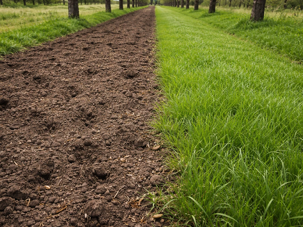 Boomgaardrijpad met kale plekken in het gras, met beluchte grond en nieuw bijgezaaid gras als herstelcontrast.