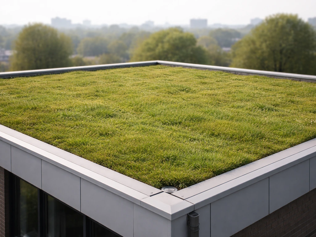Bovenaanzicht van een Nederlands plat dak met een extensief groen dak en zichtbare graszode.