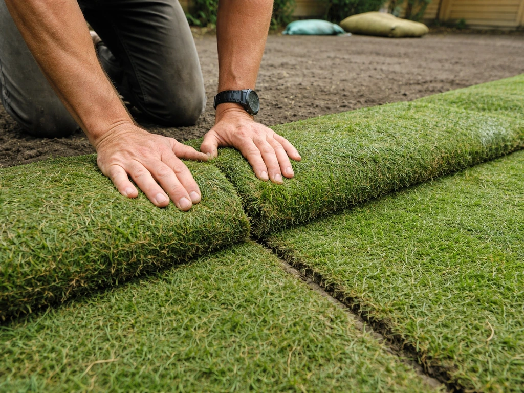 Tuinmedewerker rolt en legt kant-en-klare vegetatiemat op een strak voorbereide ondergrond