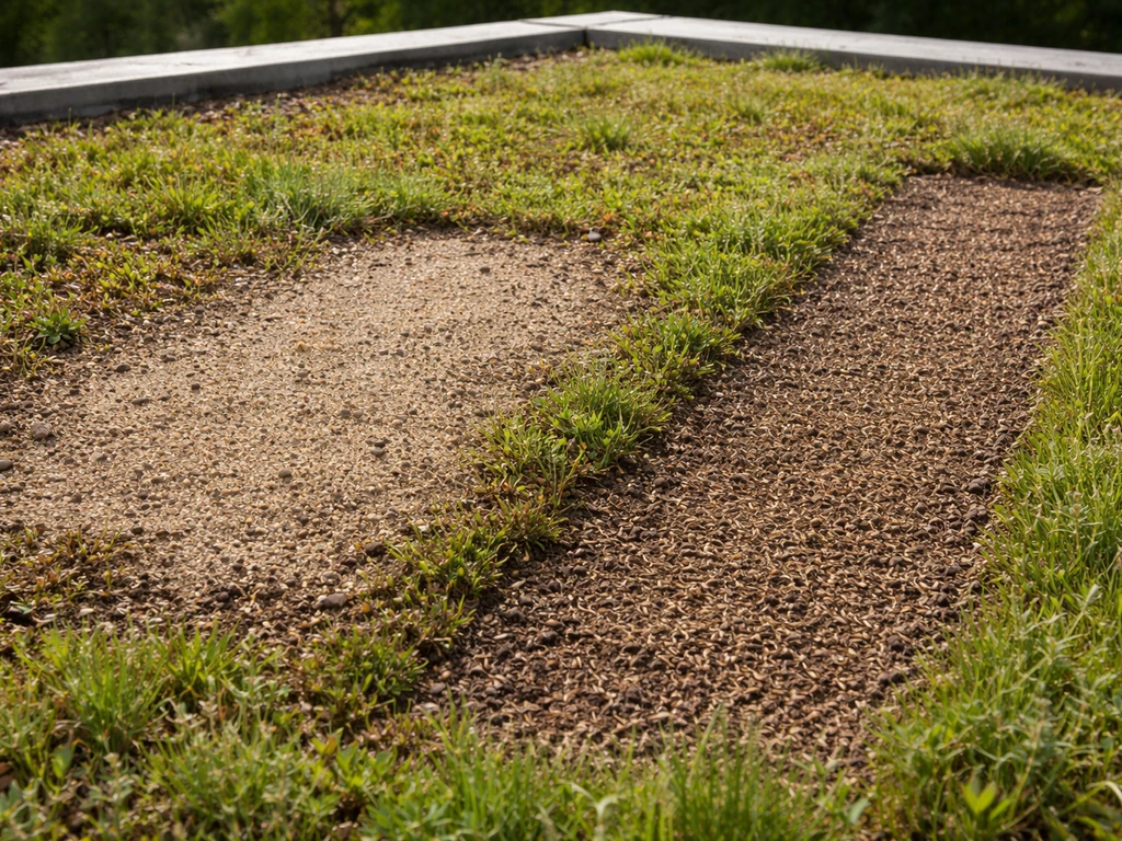 Kale plek op een groen extensief grasdak met daarnaast ingezaaide/geharkte herstelstrook
