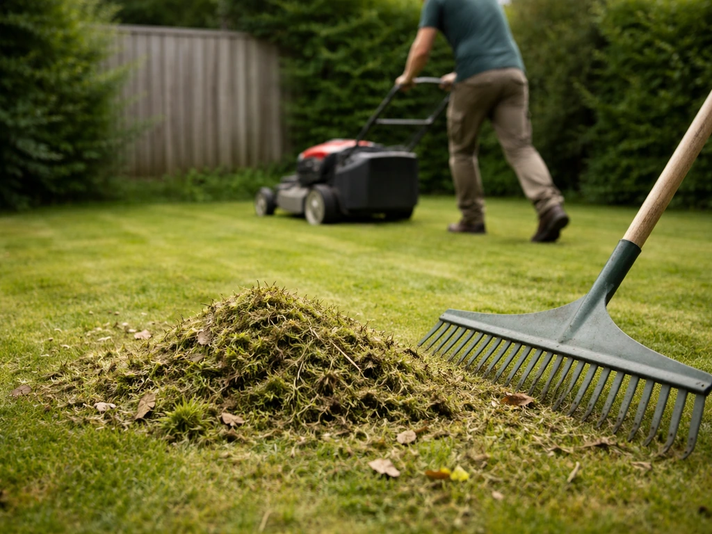 Tuinman die kort gras maait op 3–4 cm en het maaisel met een hark opruimt