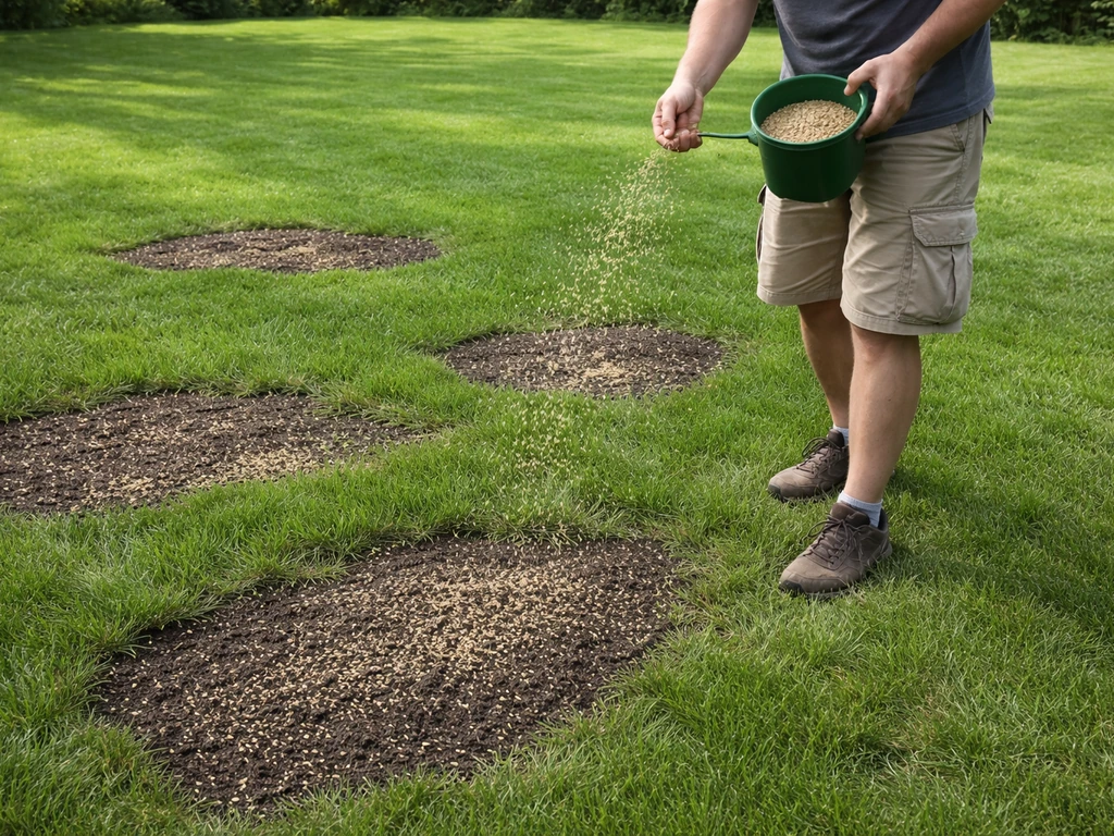 Handstrooier strooit graszaad over kale plekken; zaad is zichtbaar ingewerkt in het gazon.