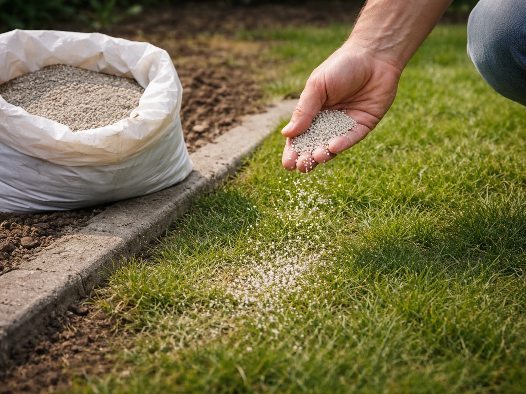 Hand strooit kalk over gazon; naast de rand ligt een zak met meststof op aarde/gras.