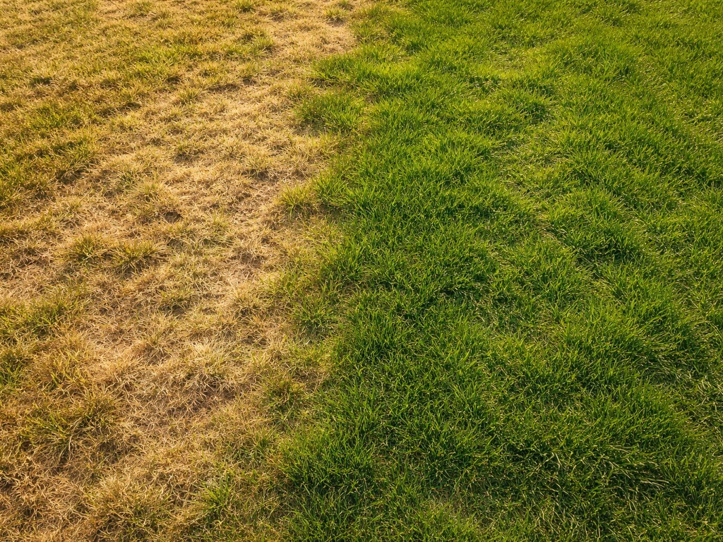 Bovenaanzicht van een Nederlands gazon: een deel geel, een deel weer groen, met natuurlijke herstelde grasplekken.