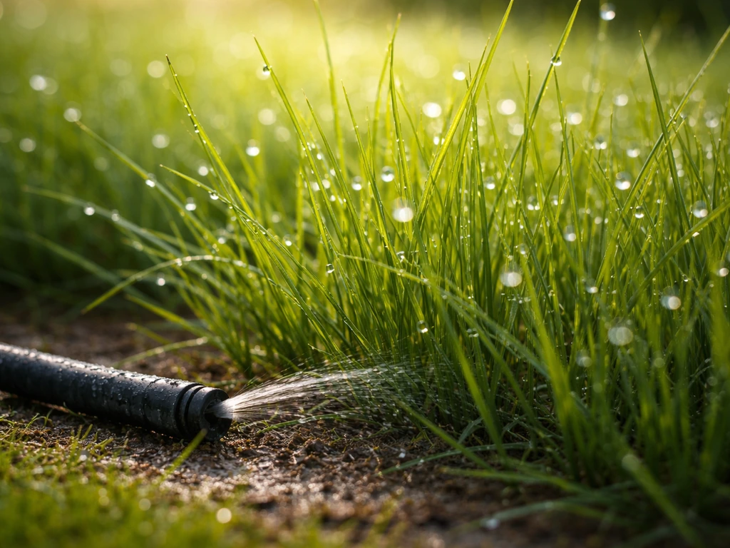 Close-up van gras met waterdruppels en een irrigatieslang die gericht diep water geeft