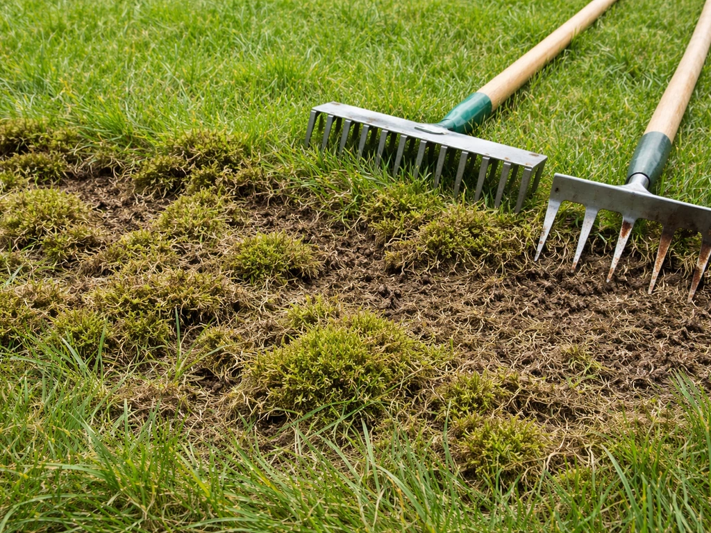 Nederlands gazon met zichtbare vilt- en moslaag, met verticuteer- en beluchtingsgereedschap op de grond.