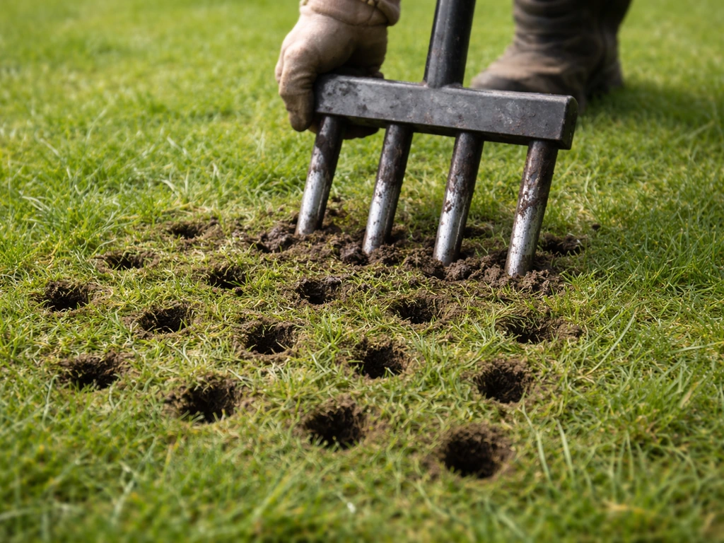 Beluchtingsmachine maakt open prikgaten in een gazon, met zichtbare donkere aarde tussen het gras.