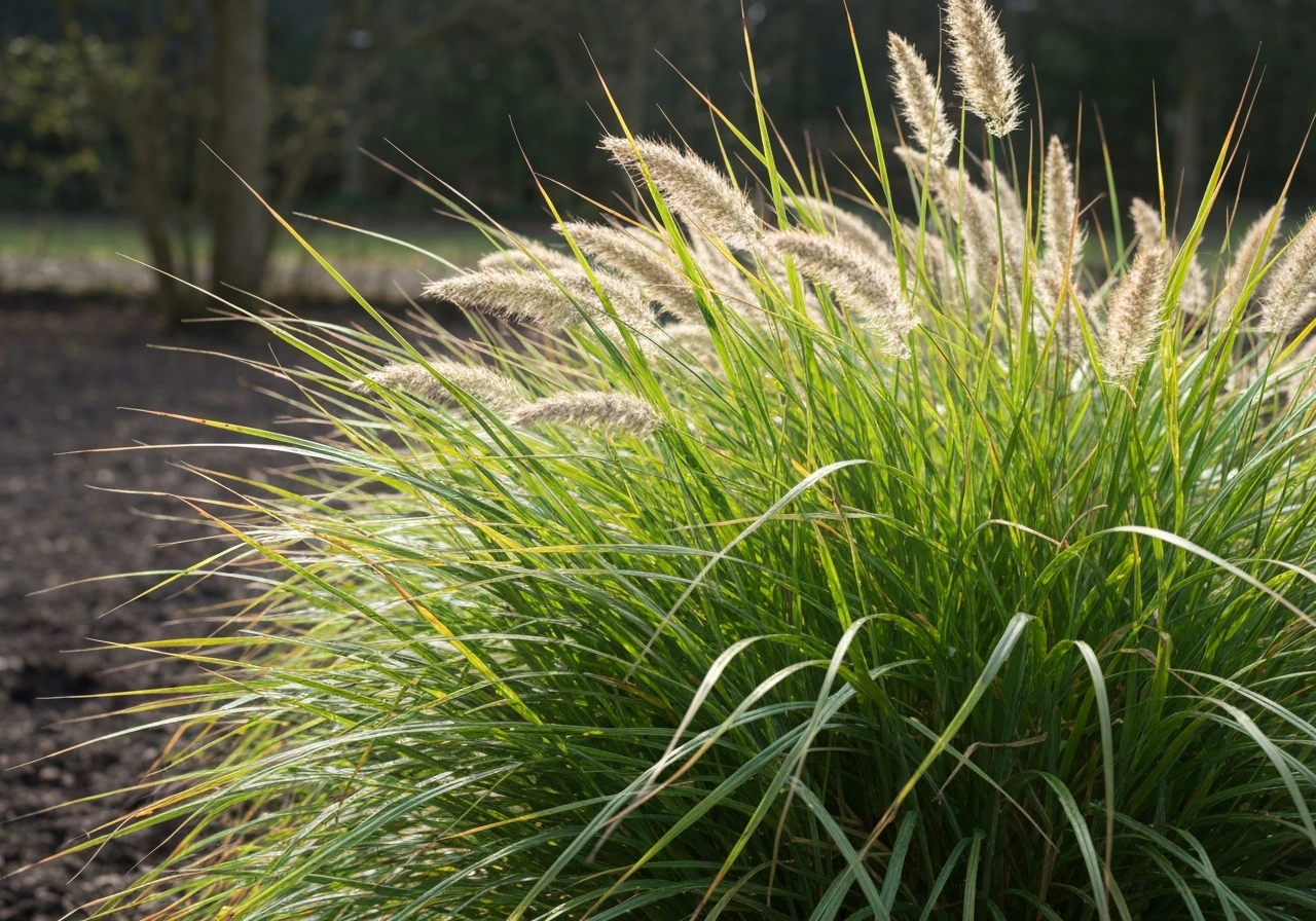 Pol heidegras met zichtbare aren en pluimen in een rustige tuin, klaar om gesnoeid te worden.
