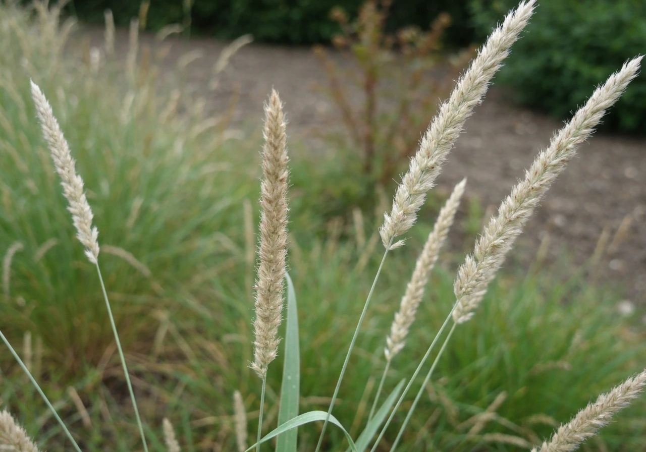 Nahaufnahme van sierheidegras in een tuinborder met zichtbare pol en pluimen, bij daglicht.