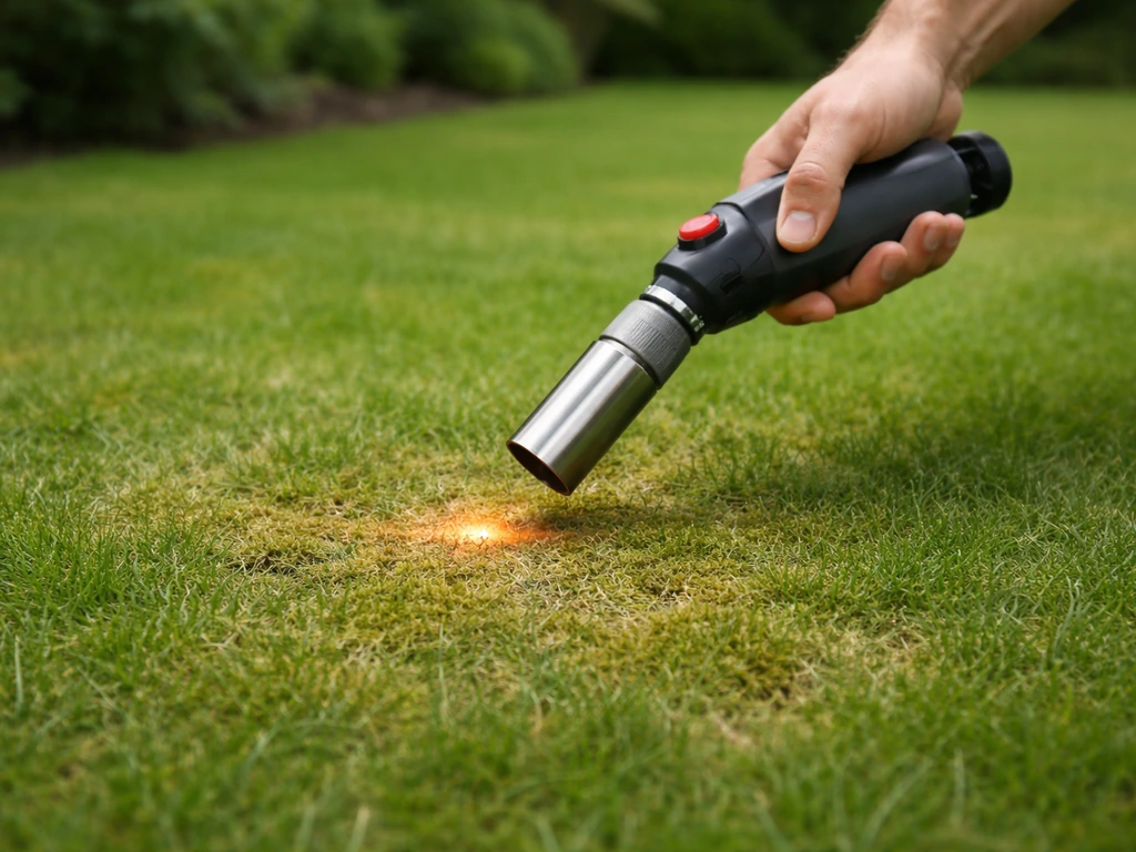 Close-up van gazon met mosplekken en een anonieme hand die een compacte onkruidbrander gecontroleerd boven het gras houd