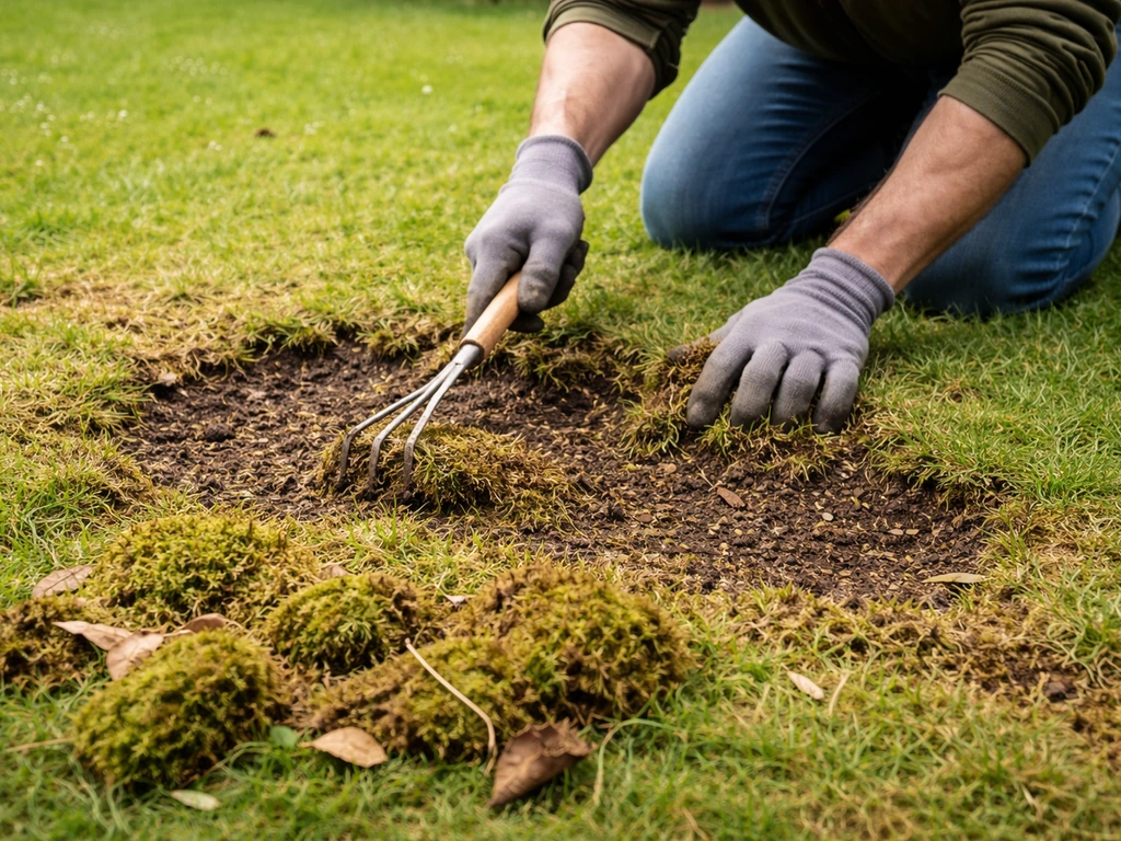 Tuinman knielt bij een gazon en schraapt vilt en bladresten weg met een harkje