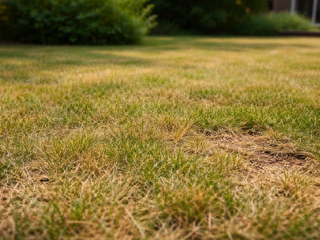 Verdroogd gazon in de zomer met geel wordende grassprieten in een rustige achtertuin