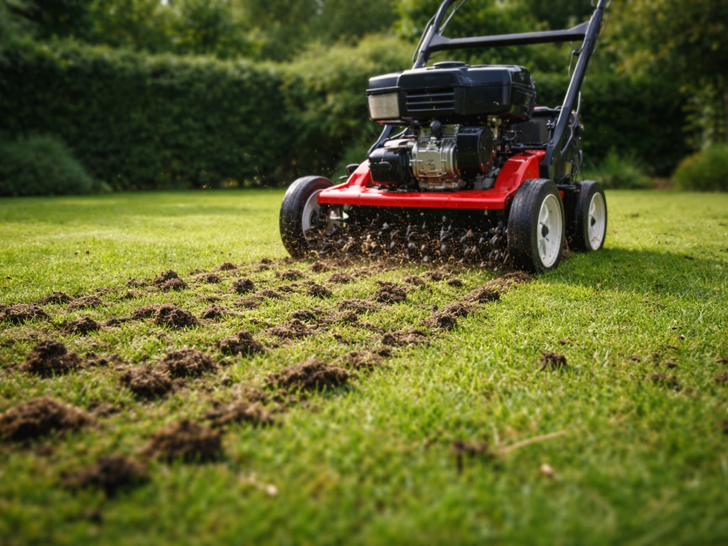 Beluchtingsmachine prikt in het gazon; open bodem en vers opengeslagen stroken gras in natuurlijk daglicht.