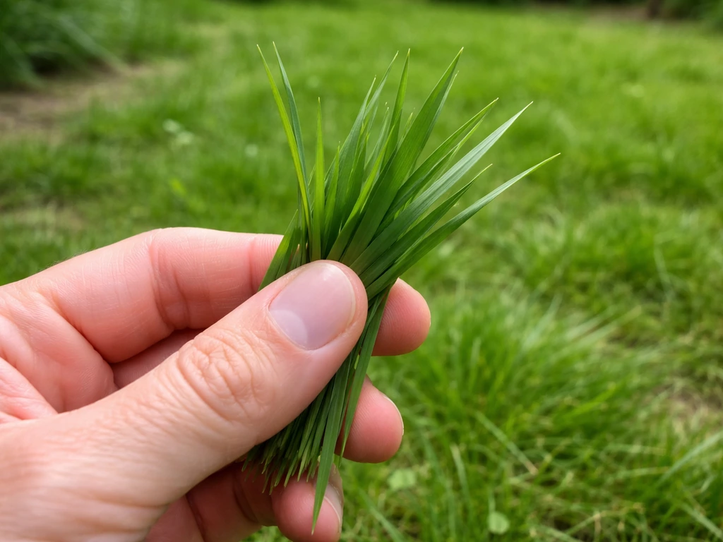 Hand plukt een pluk grashalmen in de tuin om de bladstructuur en glans te beoordelen.