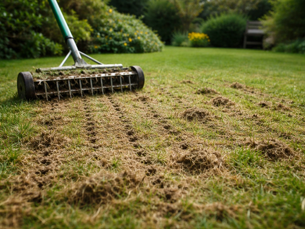 Close-up van beluchte/verticuteerde grasstroken met losse toplaag en doorpriksporen op een gazon.
