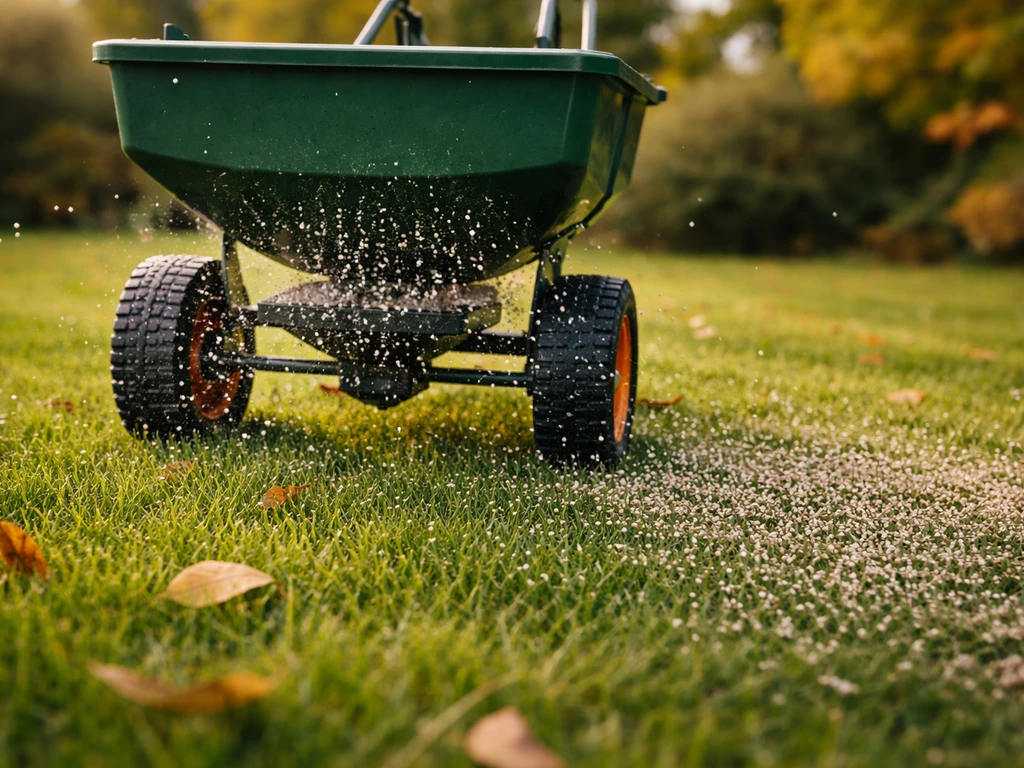 Close-up van een meststrooier die herfstbemesting uitstrooit op gras met herfstige bladeren op de achtergrond