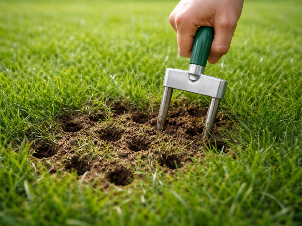 Hand of gazonprikker prikt in gazon; zichtbaar losgemaakte grond en kleine gaten in het gras.