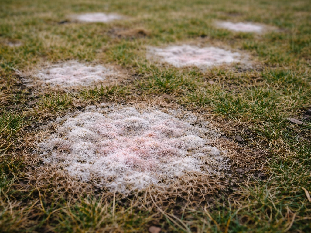Bovenaanzicht van een gazon met ronde wit-roze vlekken en zichtbaar aangetast gras, herfstige sfeer