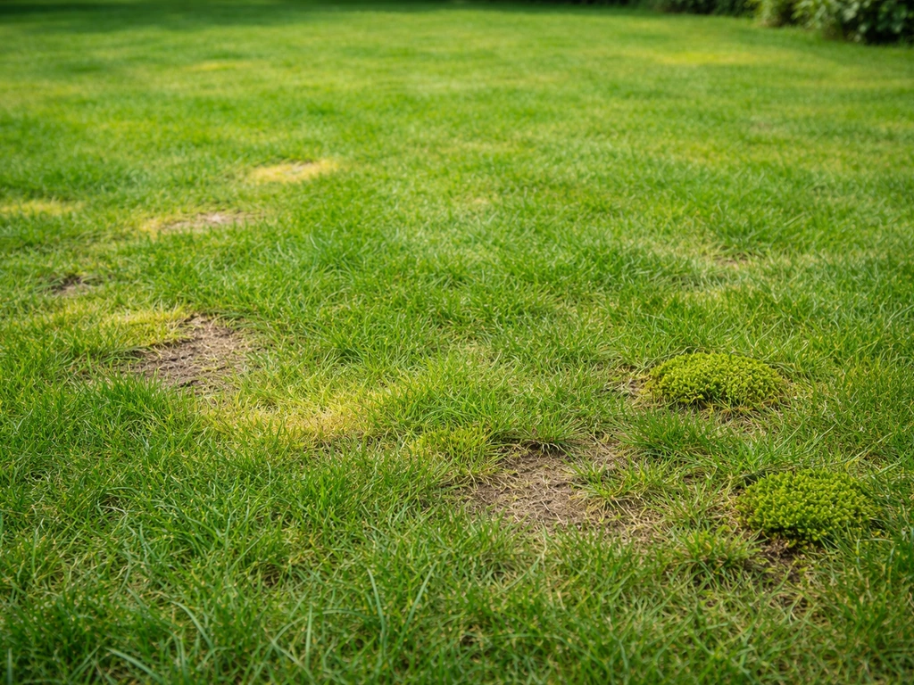 Fris groen gazon met subtiele gele en kale plekken en wat mos, close-up op een rustige tuin