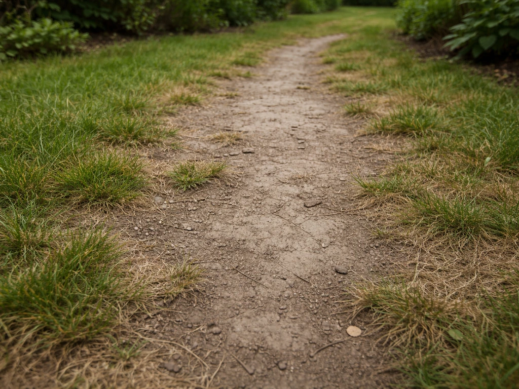 Dun en ongelijk gras op een verdichte looproute, met zichtbaar grondoppervlak dat minder water opneemt.