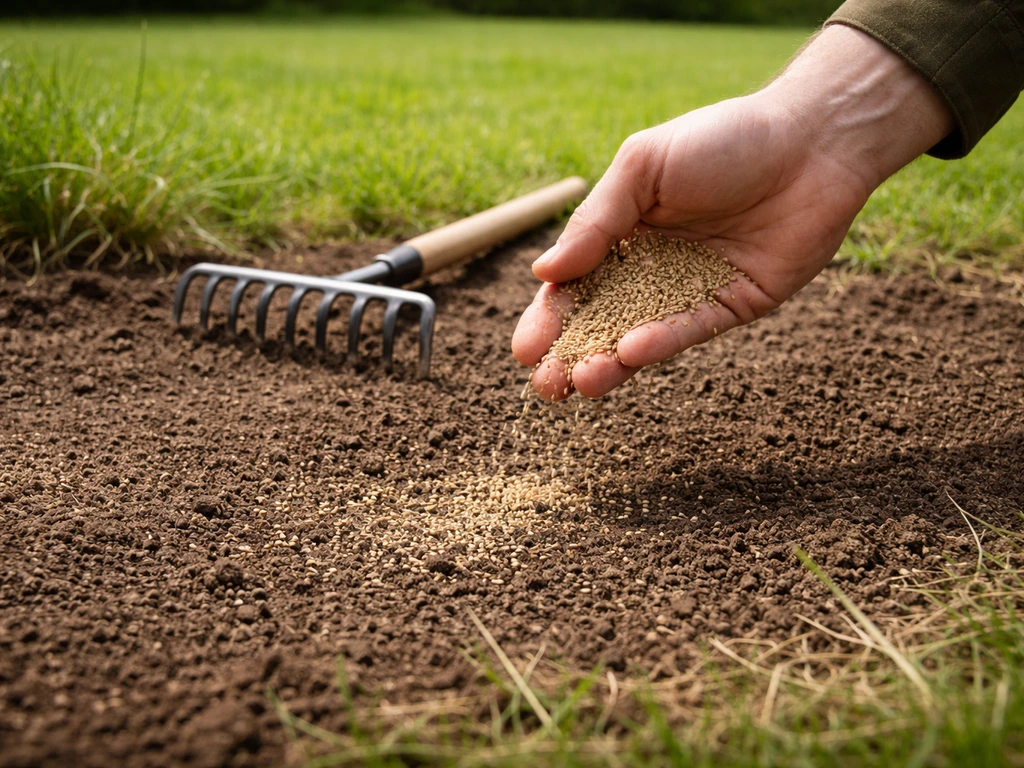 Hand strooit graszaad over kale plek; harken/aandrukken en zacht groen dat opkomt in de achtergrond.