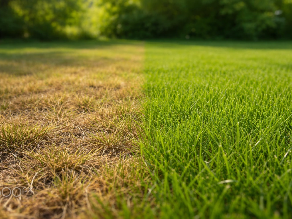 Tuin met deels bruin, deels herstellend gazon; verse groene sprieten groeien op een zonnige dag.