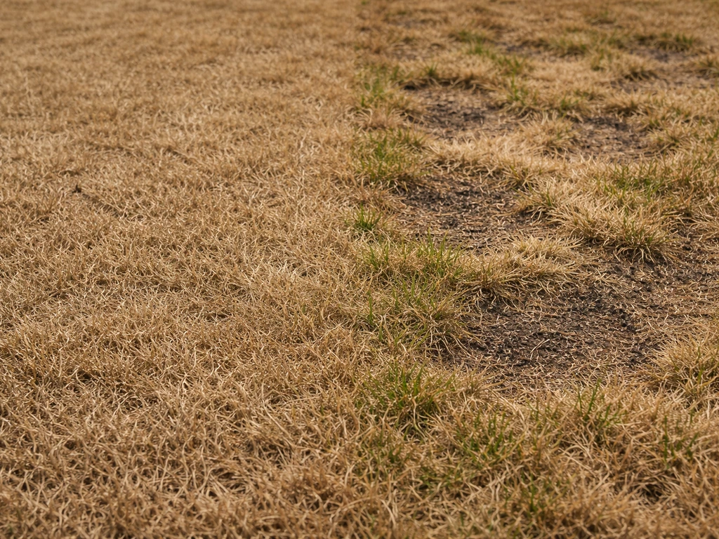 Close-up van bruin gazon met plekken en gelijkmatig droog gras om snel de oorzaak te herkennen.