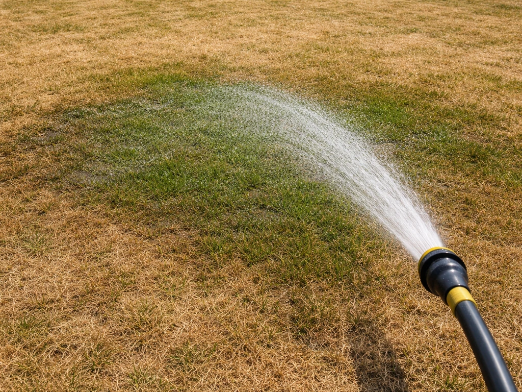 Anonieme sproeier geeft water aan een bruin gazon, met zichtbare natte en nog droge plekken.