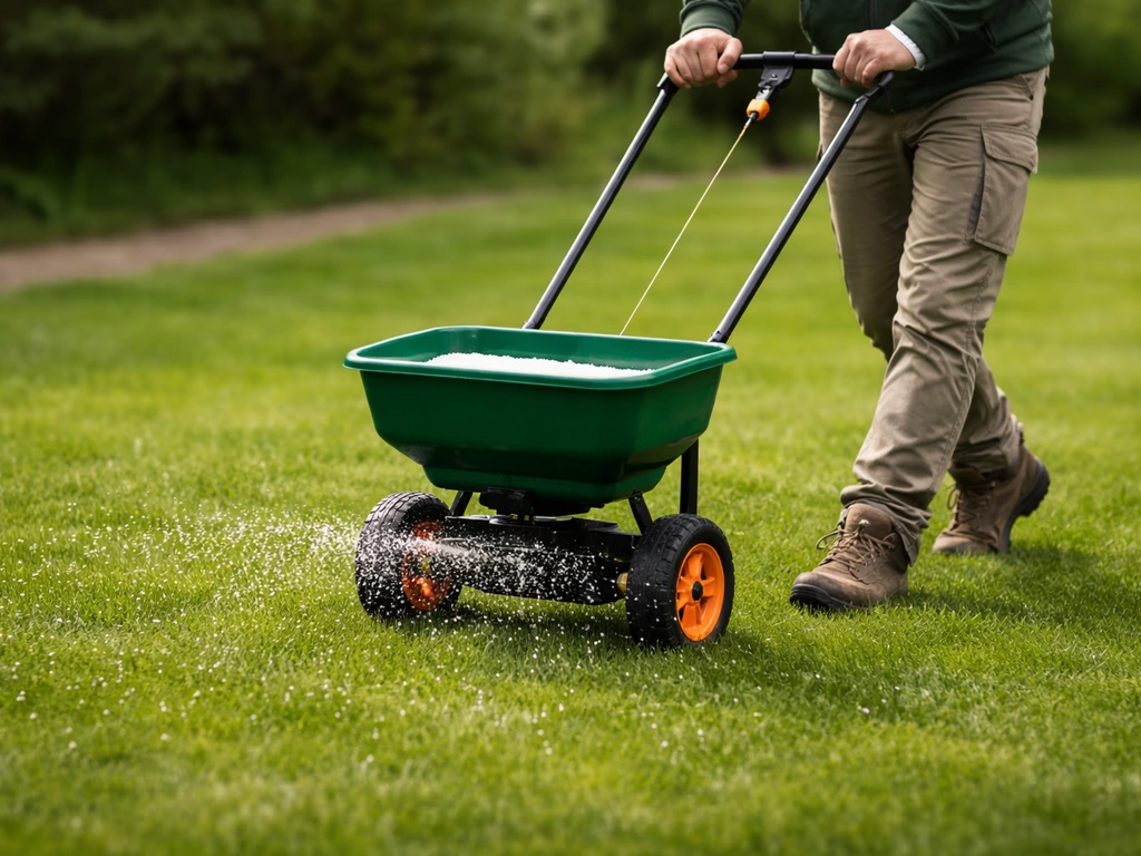 Hand met gazonverstrooier die mestkorrels uitstrooit op bleekgroen gras in de tuin.