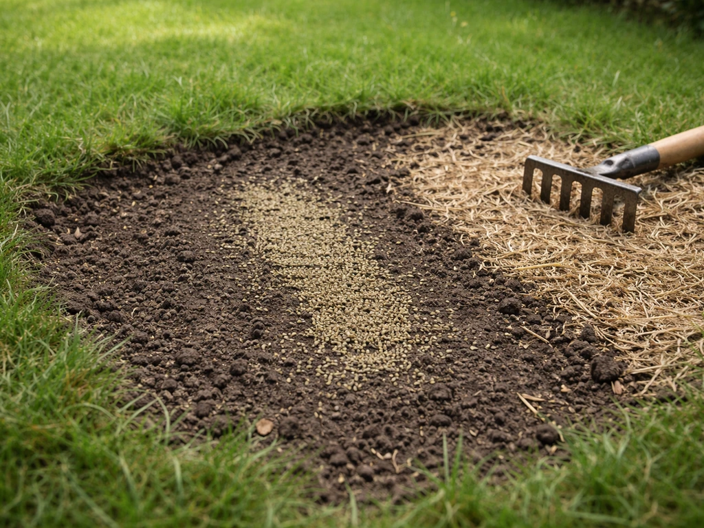 Close-up van een kale plek in de tuin met vers ingezaaid graszaad en een harkje op de grond.