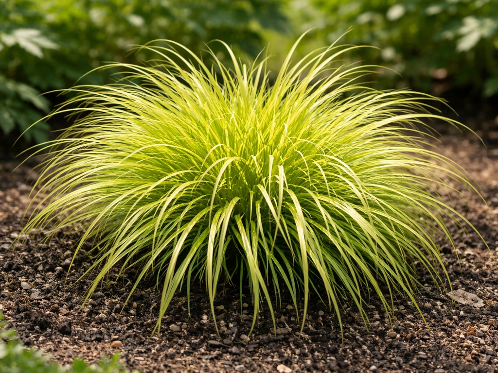 Limoengroen Carex ‘Everillo’ in een tuin met aarde op een zonnige/half-schaduw standplaats.
