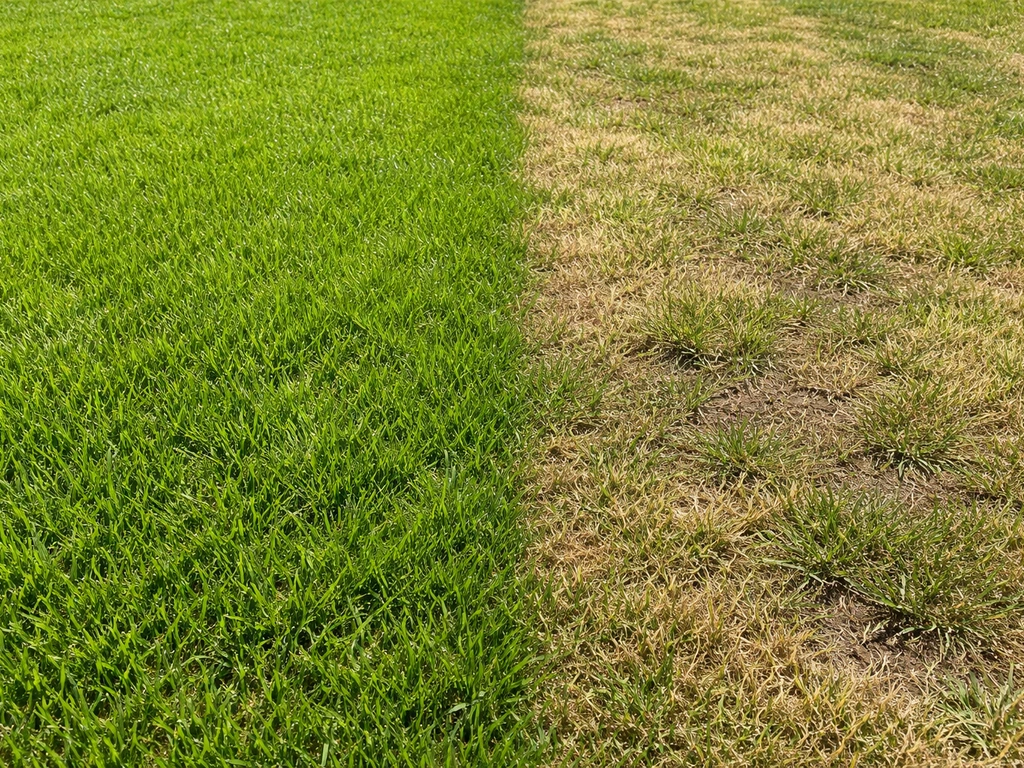Close-up van gazon: links gezond limoengroen gras, rechts geel/bleek gras met kale plekken