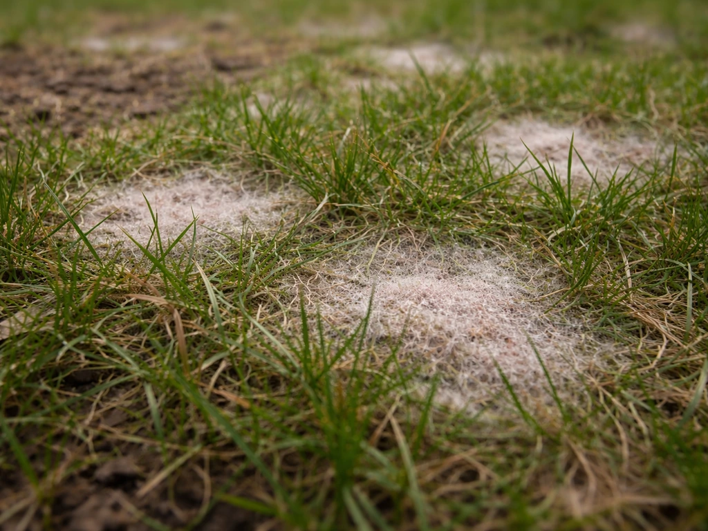 Close-up van gras met ronde witgrijze en roze vlekken, kort na de winter (sneeuwschimmel)