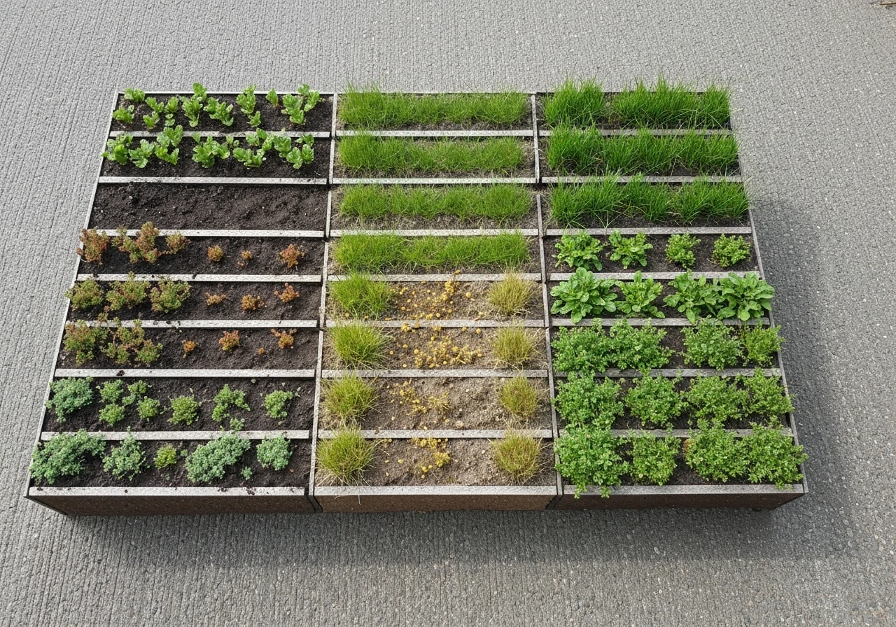 Dak met drie stroken groendak: extensief met lage sedum, semi-intensief met gras, intensief met rijkere begroeiing.