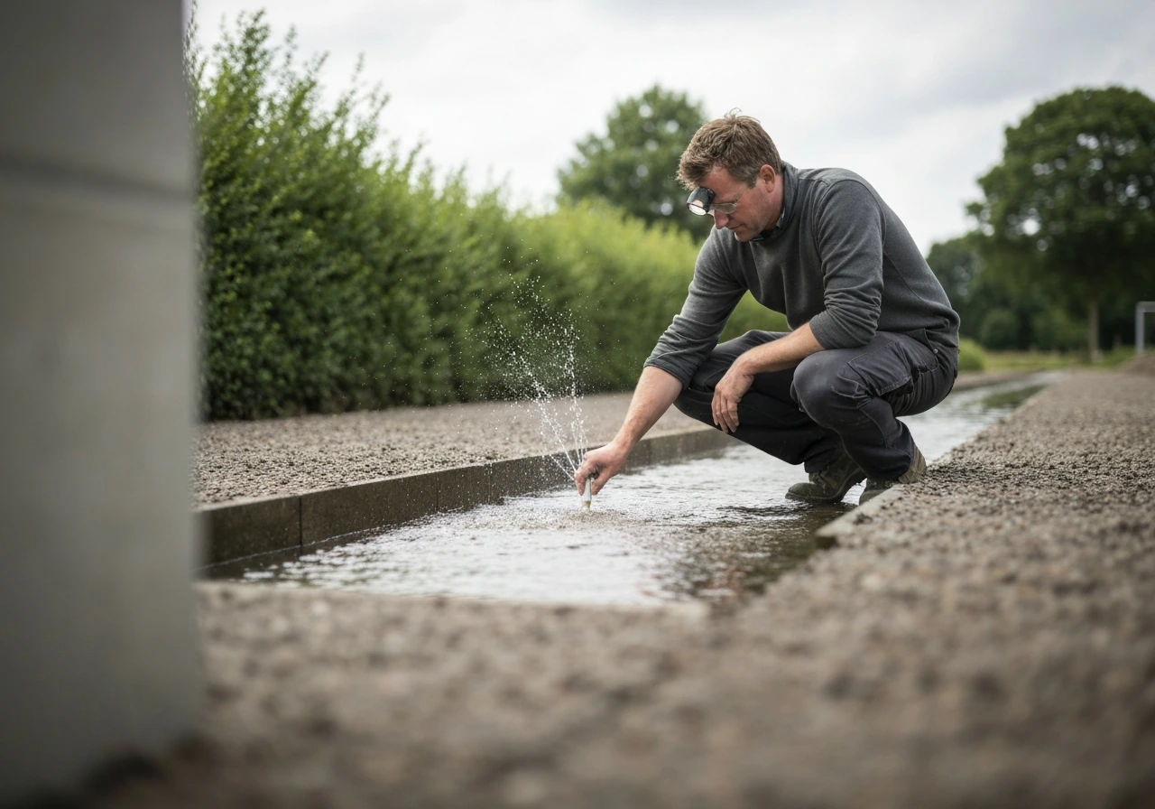 Monteur inspecteert een groendakopbouw bij een aansluiting; waterdichtheid wordt gecontroleerd in dichtbij shot.