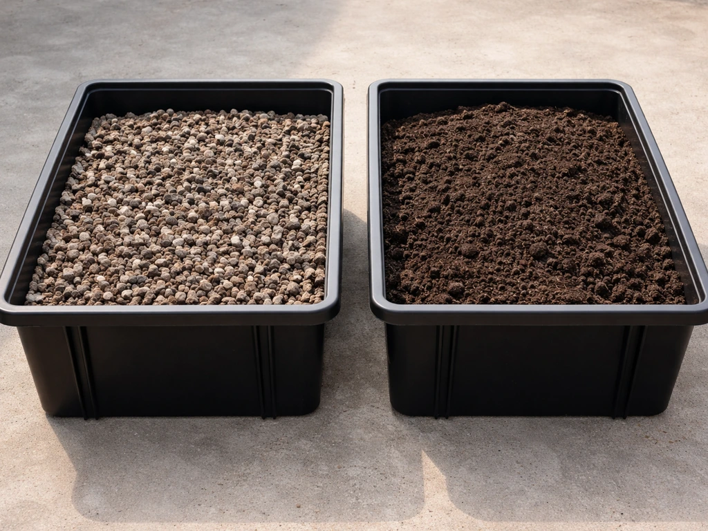 Twee bakken naast elkaar: daksubstraat met grove minerale korrels en tuinaarde met compacte, donkere grond