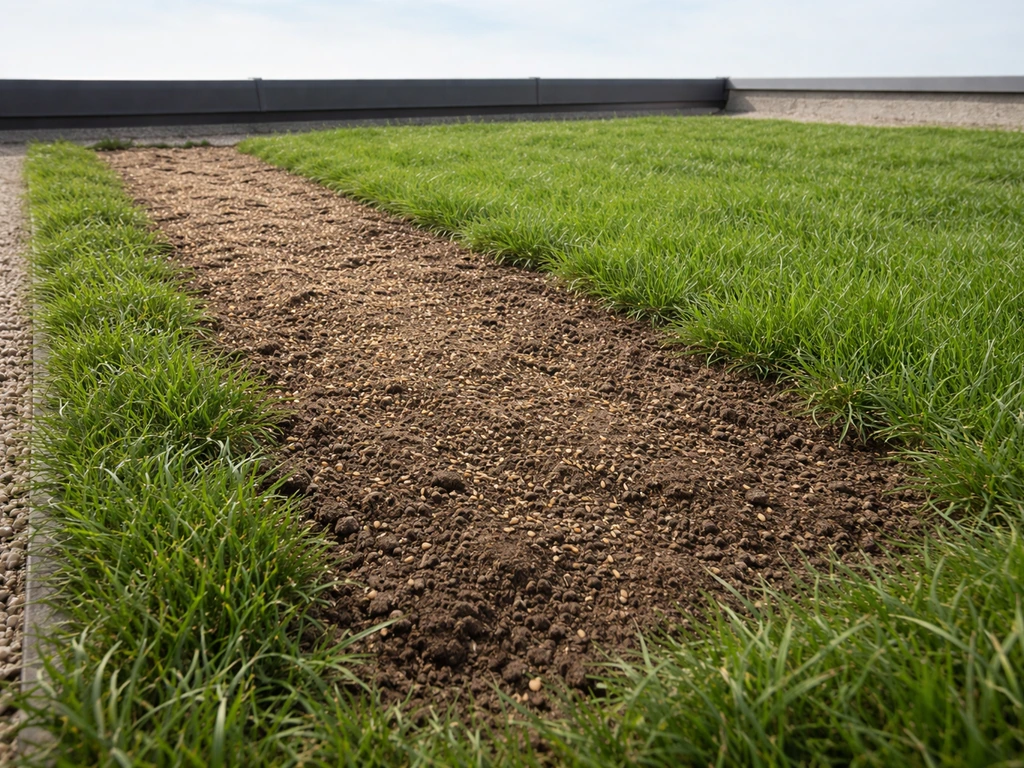 Groendak met een kale, uitgedroogde strook die opnieuw is ingezaaid; naastgelegen gras blijft groen.