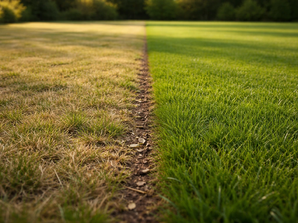 Tuin-gazon met links dof/geel gras en rechts fris groen, strakke zichtbare herstelcontrastlijn.