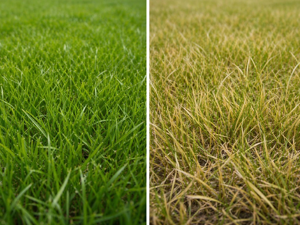 Split close-up van gezond groen gras links en lichtgeel/doo f gras met vergeelde sprieten rechts.