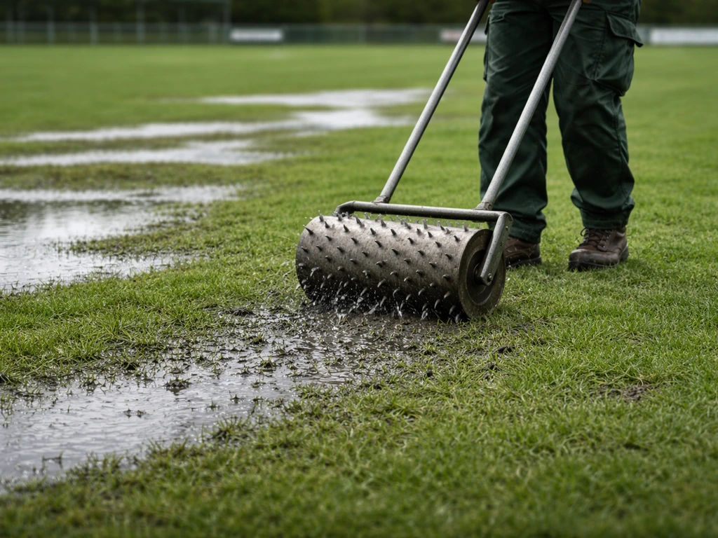 Loopveld met stilstaand water na slechte drainage en een beluchtingsactie met prikspikes in de grond