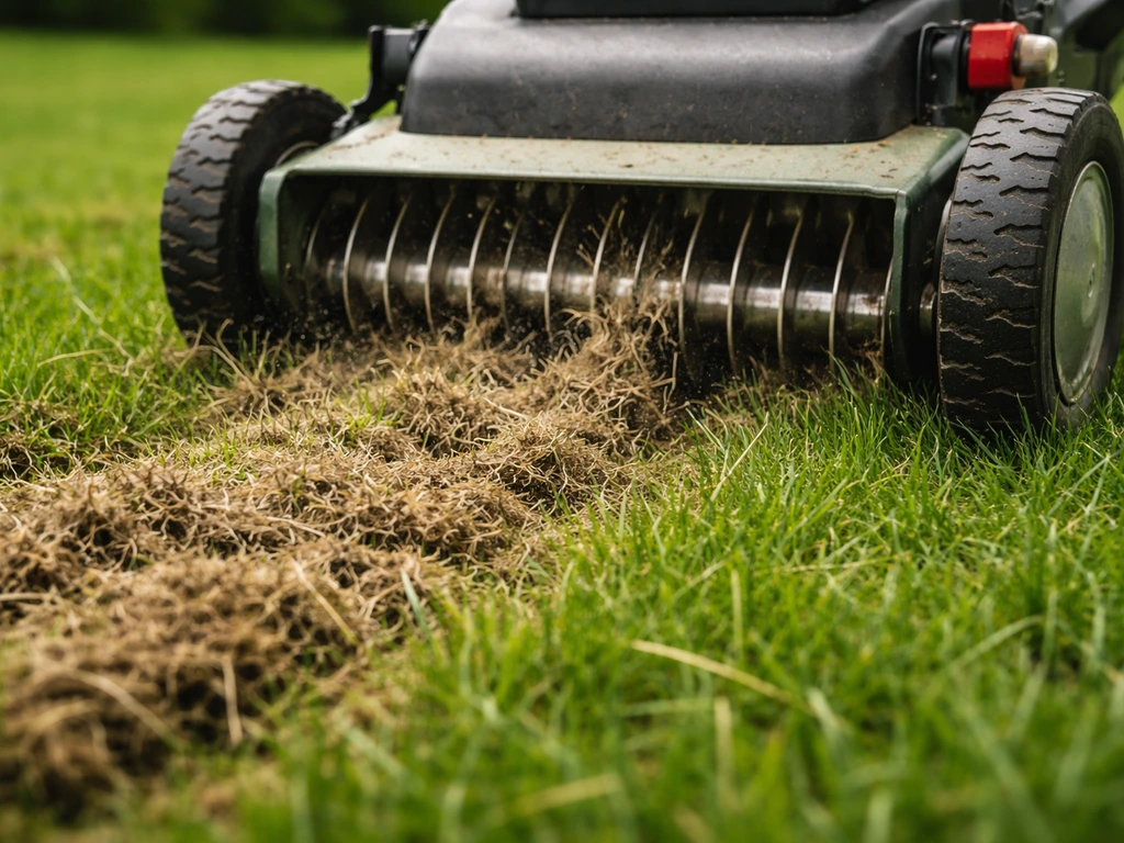 Verticuteermachine die door de gazonviltlaag snijdt, losse viltresten zichtbaar op het gras.